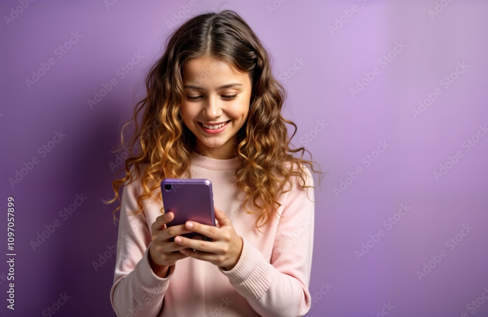 Smiling girl uses smartphone. Teenager reads message on mobile phone. Young woman looks at screen. Happy child plays game app. Purple background. Communication tech. Smiling girl uses smartphone. Teenager reads message on mobile phone. Young woman looks at screen. Happy child plays game app. Purple background. Communication tech.