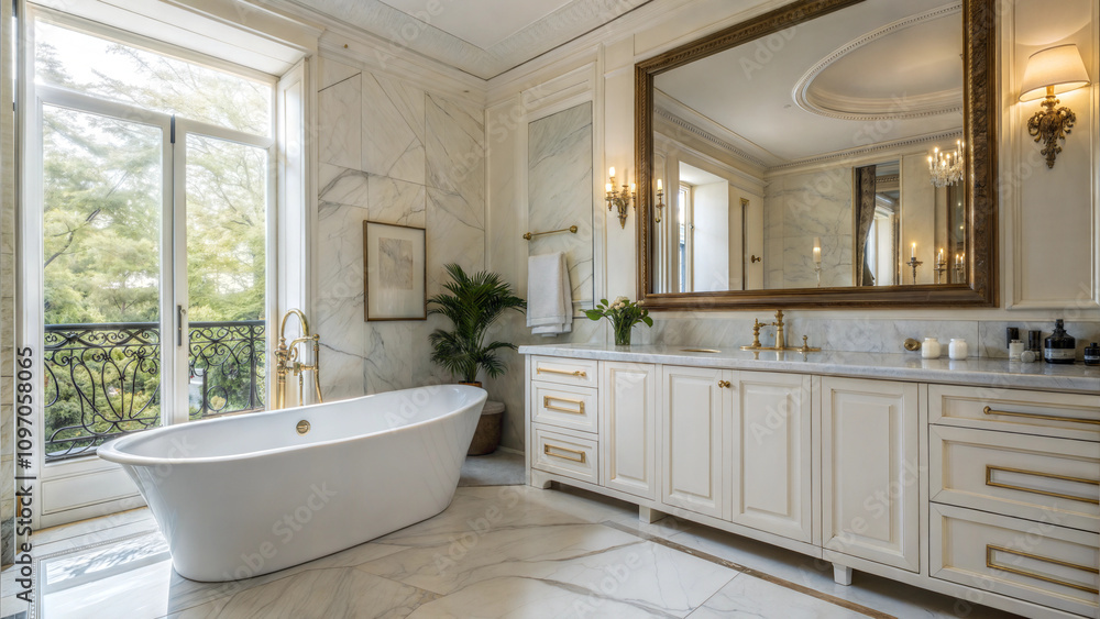Luxurious bathroom with marble design and large window Luxurious bathroom with marble design and large window