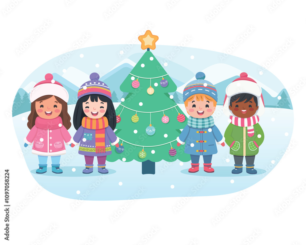 Merry Christmas concept. Cute and friendly multinational children holding hands and Christmas tree on white background. Poster, Banner, Flyer, Greeting Card. Vector illustration in flat cartoon style Merry Christmas concept. Cute and friendly multinational children holding hands and Christmas tree on white background. Poster, Banner, Flyer, Greeting Card. Vector illustration in flat cartoon style