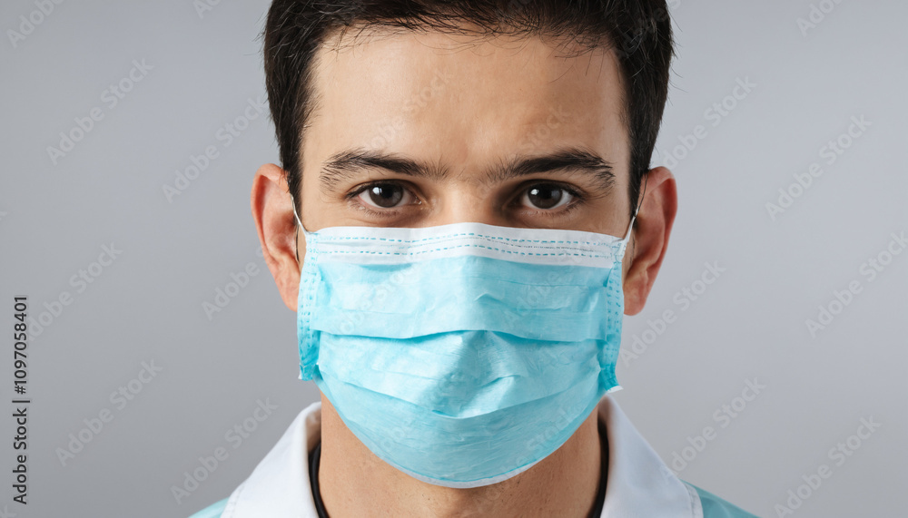 Male healthcare worker wearing a blue surgical mask Male healthcare worker wearing a blue surgical mask