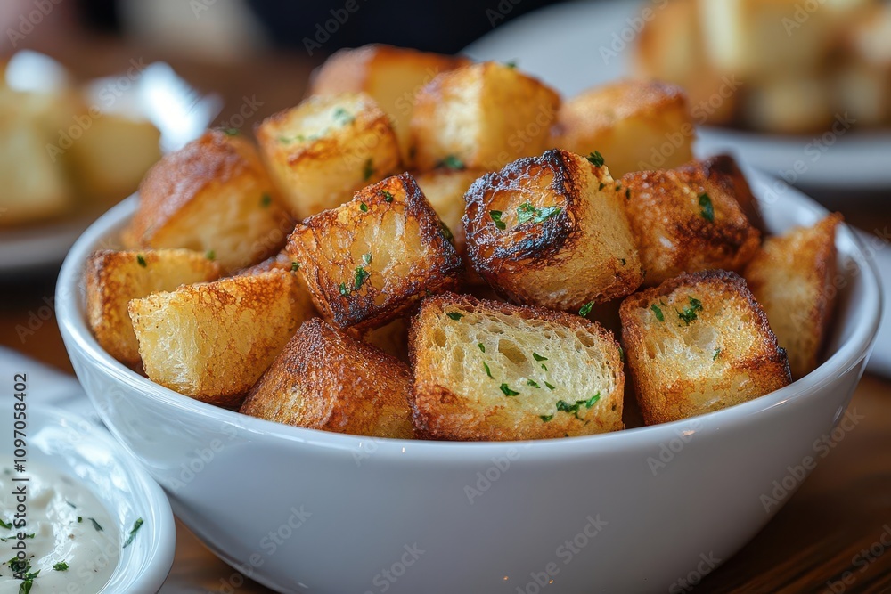 golden-brown cubed bread pieces fill a glossy white bowl, their crispy textures glistening in warm ambient light, inviting and tempting for any meal setting golden-brown cubed bread pieces fill a glossy white bowl, their crispy textures glistening in warm ambient light, inviting and tempting for any meal setting