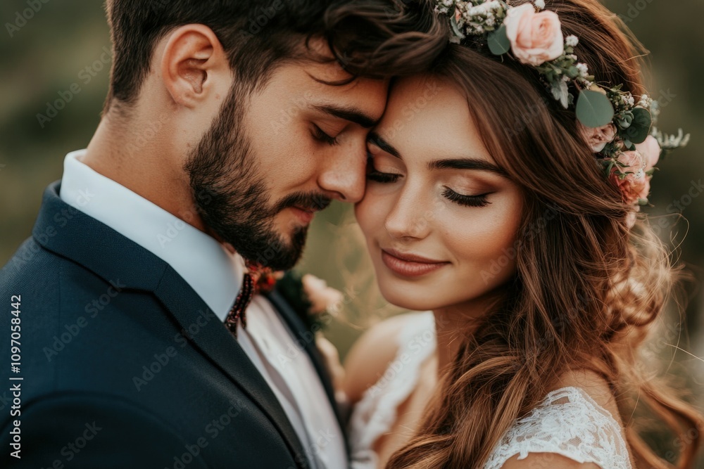 Couple embracing at sunset during outdoor wedding ceremony Couple embracing at sunset during outdoor wedding ceremony