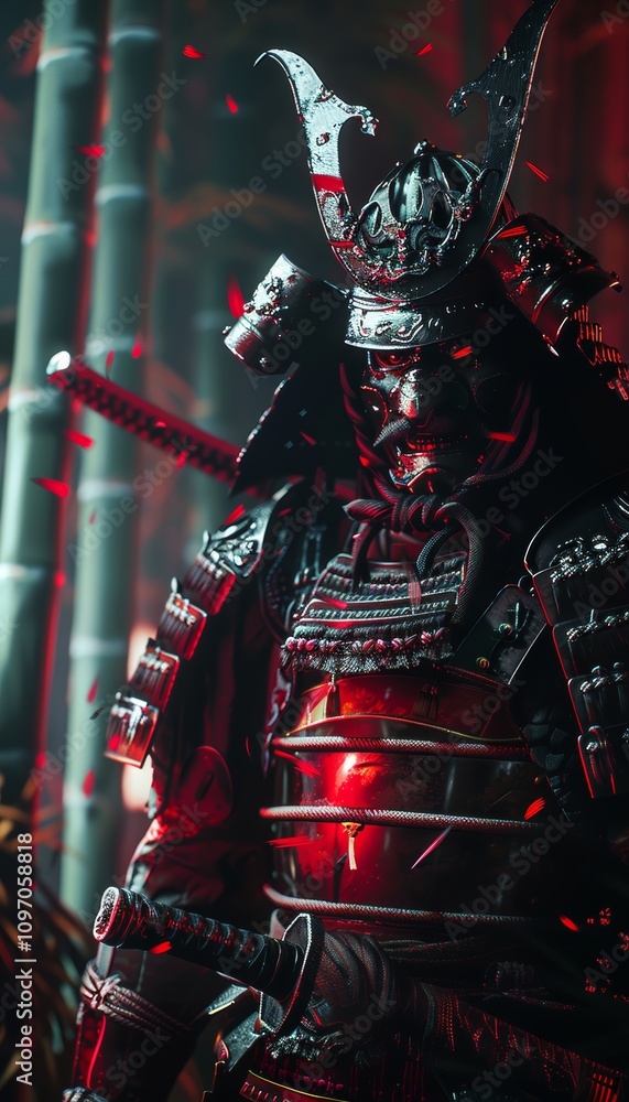 Striking samurai artwork in bold black and red with dramatic lighting and fierce expression Striking samurai artwork in bold black and red with dramatic lighting and fierce expression