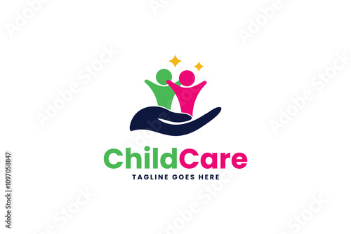 Childcare logo with two joyful figures in a protective hand design