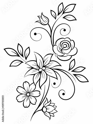  line art design featuring a variety of botanical flowers, showcasing intricate petals, leaves, and stems. Include a mix of wildflowers, blooming roses, lilies, and delicate vines. Use a balanced co