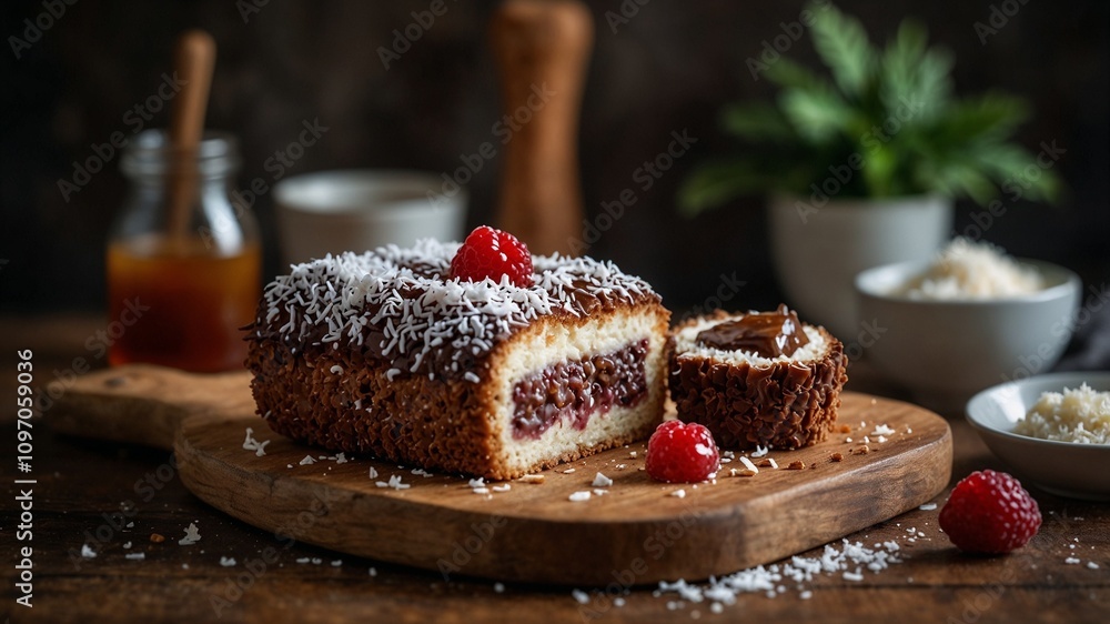 Delicious lamington cake with jam and raspberry on wooden board, dessert concept
Delicious lamington cake with jam and raspberry on wooden board, dessert concept