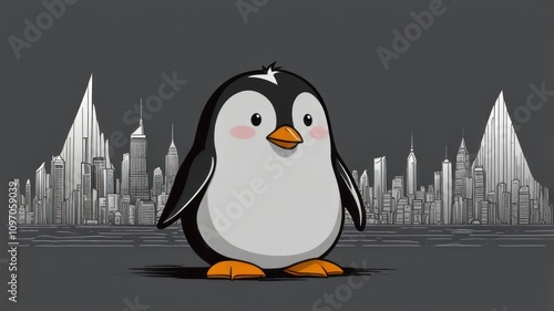 Cute cartoon penguin standing in front of a cityscape. photo