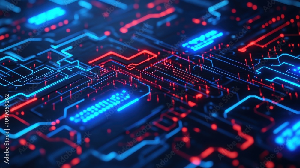 Cybersecurity mitigates risks and secures data. Abstract Futuristic Technology Background Featuring Red and Blue Neon Lights Cybersecurity mitigates risks and secures data. Abstract Futuristic Technology Background Featuring Red and Blue Neon Lights