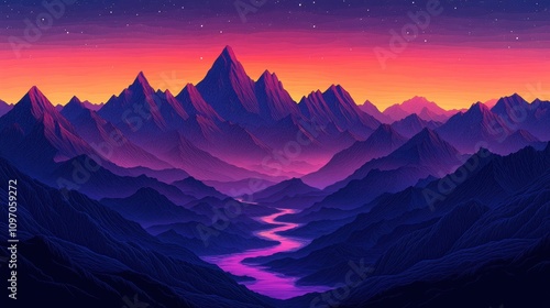 A vibrant sunset over majestic mountains with a winding river.