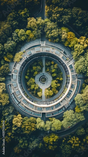 Aerial view of a circular modern structure surrounded by lush greenery.