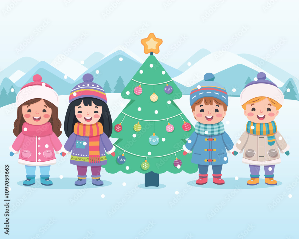 Merry Christmas concept. Cute and friendly multinational children holding hands and Christmas tree under snow. Poster, Banner, Flyer, Greeting Card. Vector illustration in flat cartoon style Merry Christmas concept. Cute and friendly multinational children holding hands and Christmas tree under snow. Poster, Banner, Flyer, Greeting Card. Vector illustration in flat cartoon style