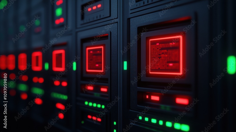 Cybersecurity mitigates risks and secures data. Abstract digital background of server interface with glowing red and green lights Cybersecurity mitigates risks and secures data. Abstract digital background of server interface with glowing red and green lights