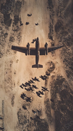 An aerial view of a military aircraft and troops in a desert landscape. photo