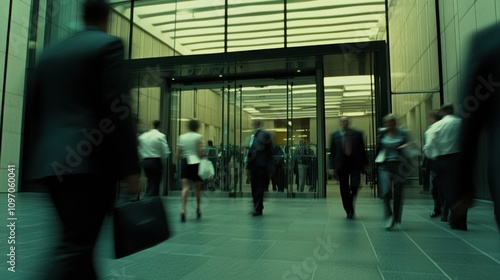 A busy office entrance with people in business attire entering and exiting.