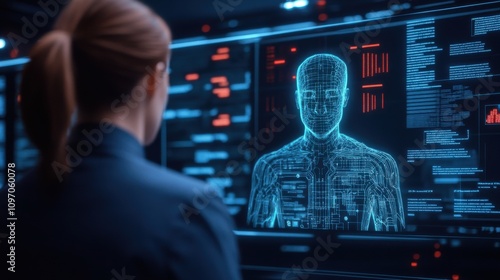 Cybersecurity mitigates risks and secures data. Futuristic Woman Interacting with Holographic Human Anatomy Display in High-Tech Laboratory