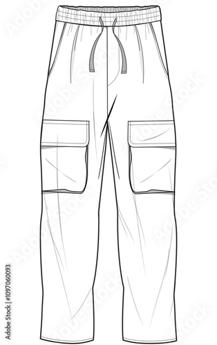 mens drawstring elastic waist straight leg cargo pant flat sketch vector illustration technical cad drawing template