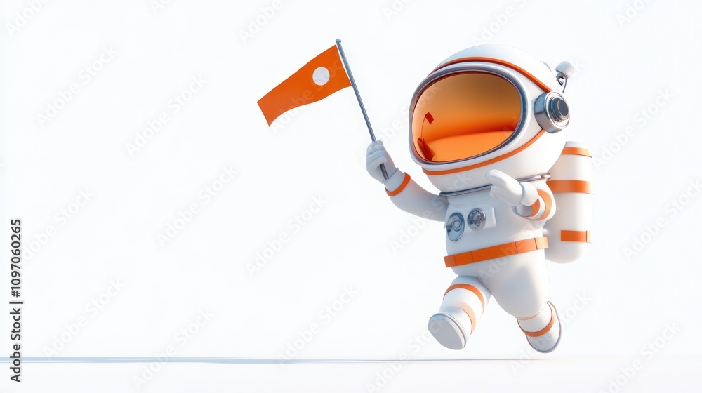 A cheerful astronaut running with an orange flag in a minimalistic space setting. A cheerful astronaut running with an orange flag in a minimalistic space setting.