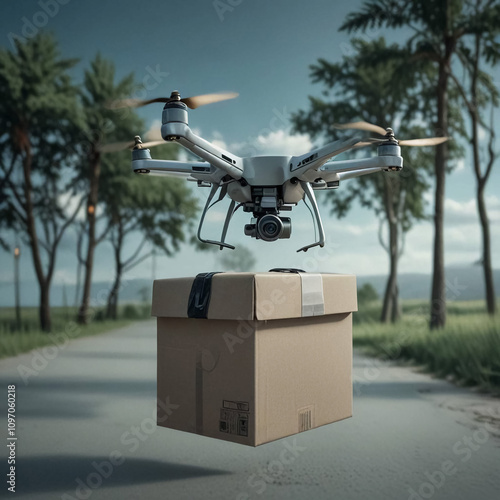 A delivery drone delivers a parcel in an urban environment