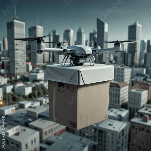 A delivery drone delivers a parcel in an urban environment