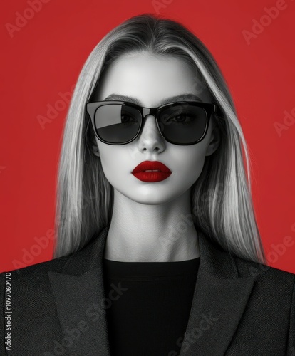 Blonde fashion model poses confidently against a striking red background