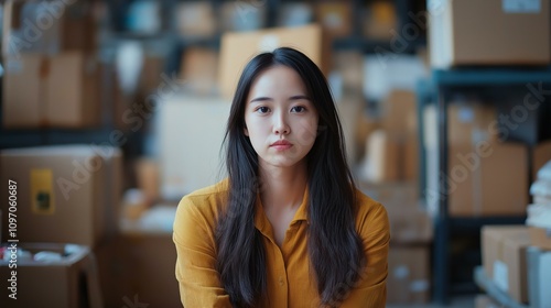 Young woman in a warehouse surrounded by cardboard boxes  expressing a calm and focused demeanor.