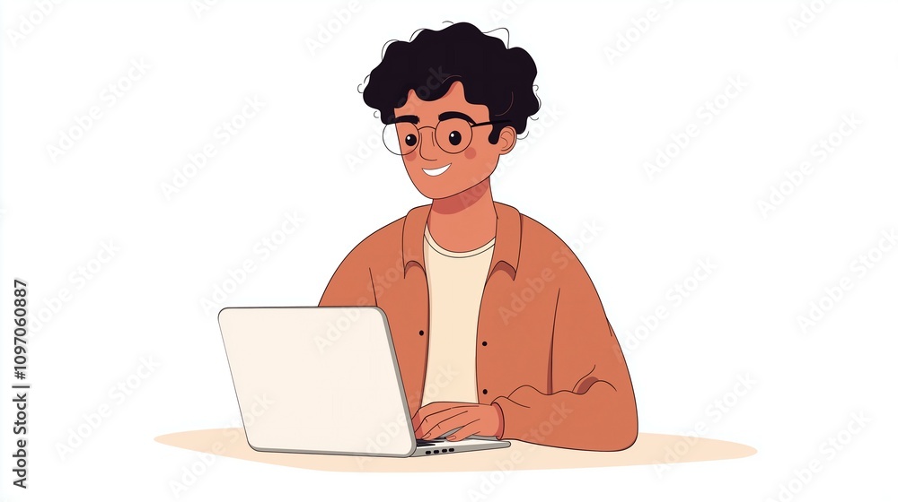Smiling person using a laptop, wearing glasses, and enjoying a productive work session. Smiling person using a laptop, wearing glasses, and enjoying a productive work session.