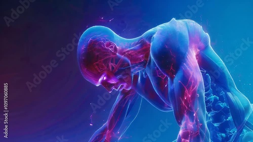 Muscle Strain Suffering: The Tense Muscles and Limited Range of Motion - Visualize a person attempting to stretch or move, with muscles visibly tensed and restricted, indicating muscle strain