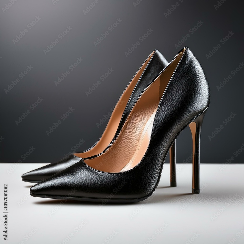Stylish pointed toe black leather high heels with slender stiletto design, ideal for fashion ads and online catalogs Stylish pointed toe black leather high heels with slender stiletto design, ideal for fashion ads and online catalogs