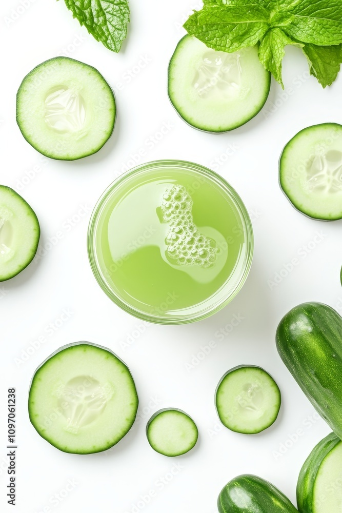Fresh cucumber slices captured mid-splash in water, isolated on a white background Fresh cucumber slices captured mid-splash in water, isolated on a white background