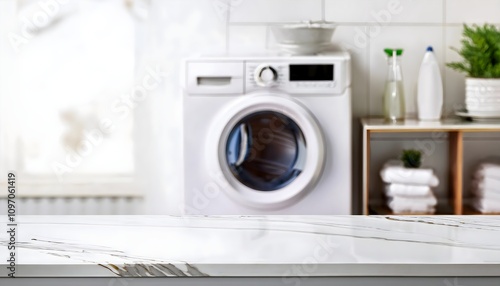 Empty white marble tabletop on blurry background of a laundry room with modern washing machine, product placement and copy text space