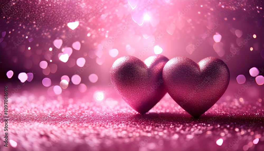 Valentine's day background, two pink hearts on sparkling pink glitter background with bokeh, copy text space Valentine's day background, two pink hearts on sparkling pink glitter background with bokeh, copy text space