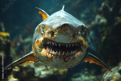 hammerhai, a visually striking and fierce shark representation, showcasing sharp teeth and eye-catching details, set against an underwater backdrop that enhances its predatory nature photo