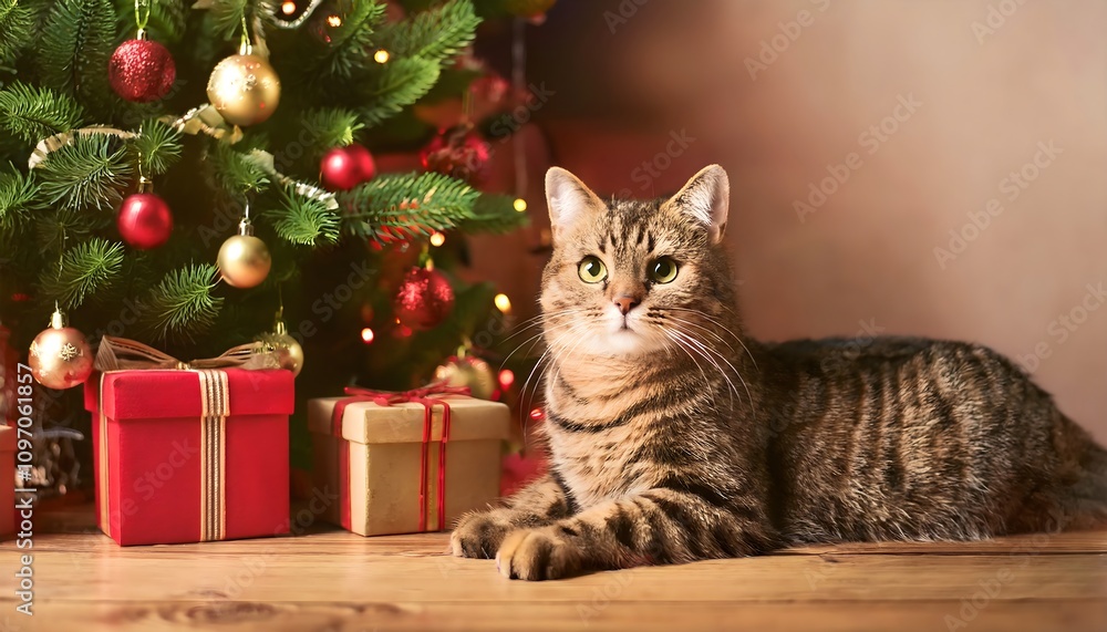 Cute cat sitting by Christmas pine tree decorated with ornaments and gifts Cute cat sitting by Christmas pine tree decorated with ornaments and gifts