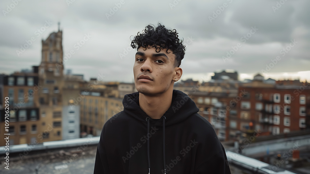 Fototapeta premium Young Man in Black Hoodie on Rooftop, City Background