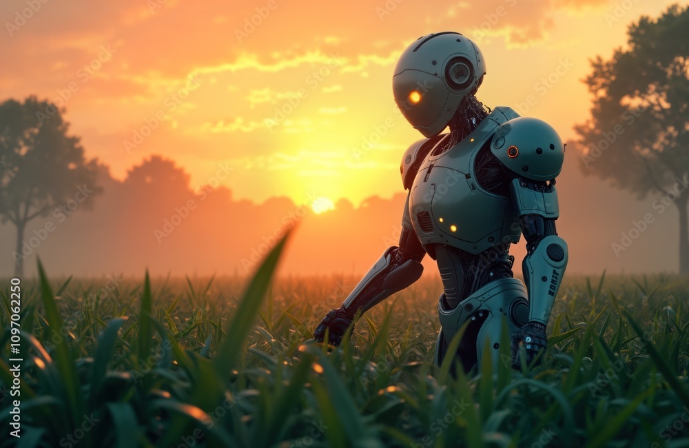 Cyborg walks field sunset. Futuristic robot farm worker. AI agriculture tech. Eco friendly farming. Mechanic humanoid in nature. Summer evening scene. Dawn dusk twilight. Fantasy soldier robot. Cyborg walks field sunset. Futuristic robot farm worker. AI agriculture tech. Eco friendly farming. Mechanic humanoid in nature. Summer evening scene. Dawn dusk twilight. Fantasy soldier robot.