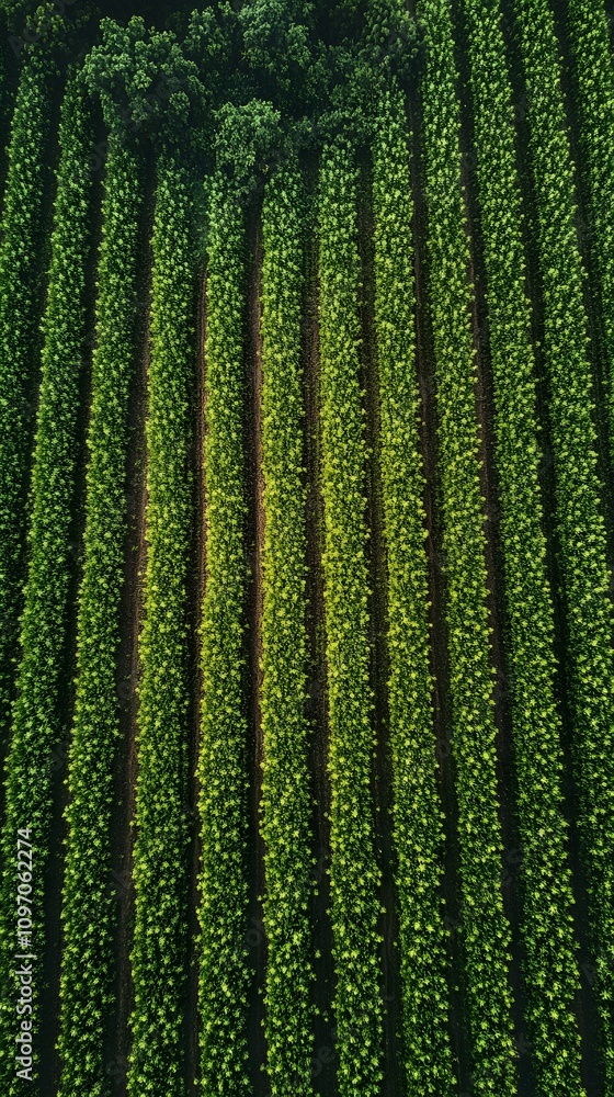 Aerial view of lush green vineyard rows during daytime. Aerial view of lush green vineyard rows during daytime.