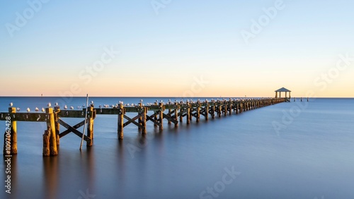 Serene pier at sunset with seagulls