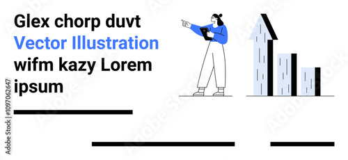 Businesswoman pointing while holding clipboard beside a bar chart with increasing trend lines. Ideal for business presentations, blog posts, marketing, finance, analysis, strategy, and corporate
