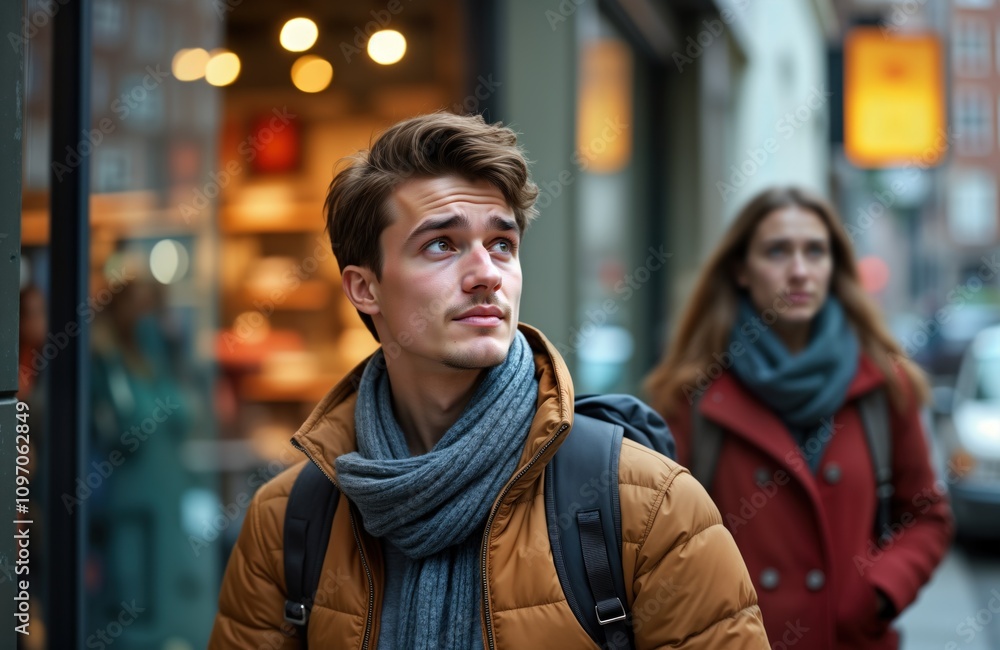 Fototapeta premium Young man tourist with backpack looks around city street. Girlfriend walks nearby. Couple explores urban area. Travel adventure. Winter city break. Casual style. European city tourism.