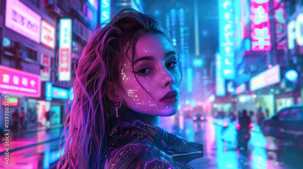 A neon-lit urban scene featuring a young woman with stylish hair and vibrant city lights. A neon-lit urban scene featuring a young woman with stylish hair and vibrant city lights.