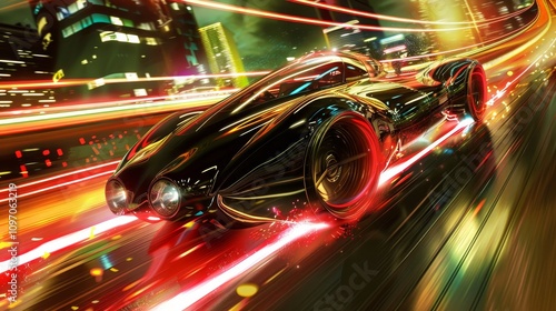 Sleek anime inspired hovercar racing on a neon lit cyber highway in a realistic setting photo