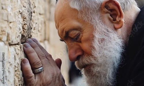 Elderly rabbi with a long white beard, wearing a kippah and tallit, praying with closed eyes at the western wall, embodies deep spiritual devotion and tradition
