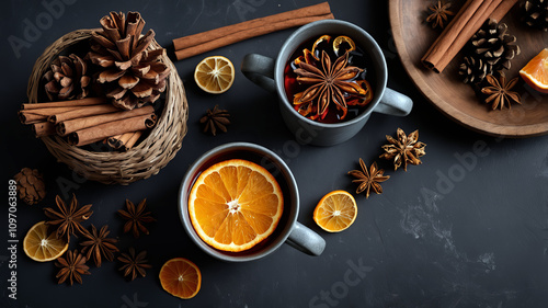 A warm cup of mulled wine garnished with a slice of orange, surrounded by cinnamon sticks, star anise, and pinecones.