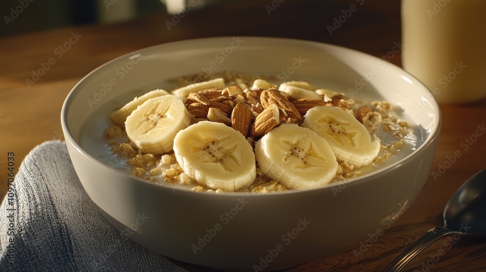 Healthy breakfast bowl with bananas and almonds home kitchen food photography cozy environment nutritional concept Healthy breakfast bowl with bananas and almonds home kitchen food photography cozy environment nutritional concept