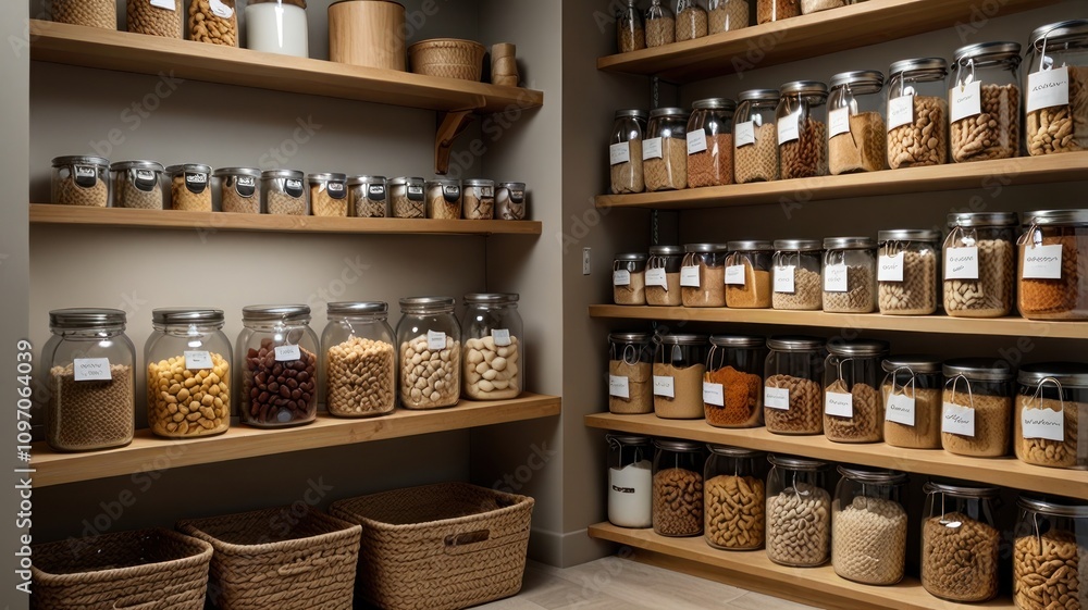 Organized pantry with glass jars of grains, pasta, and legumes on wooden shelves. Organized pantry with glass jars of grains, pasta, and legumes on wooden shelves.