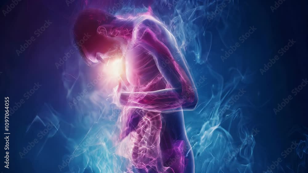 Pancreatitis: The Abdominal Pain and Nausea of Pancreas Inflammation - Visualize a scene where abdominal pain is severe and accompanied by nausea, indicating pancreatitis, inflammation Pancreatitis: The Abdominal Pain and Nausea of Pancreas Inflammation - Visualize a scene where abdominal pain is severe and accompanied by nausea, indicating pancreatitis, inflammation