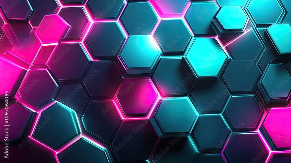 Abstract neon lights in glowing geometric shapes forming a honeycomb grid, with vibrant cyan and pink tones Abstract neon lights in glowing geometric shapes forming a honeycomb grid, with vibrant cyan and pink tones