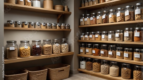 Organized pantry with glass jars of grains, pasta, and legumes on wooden shelves.