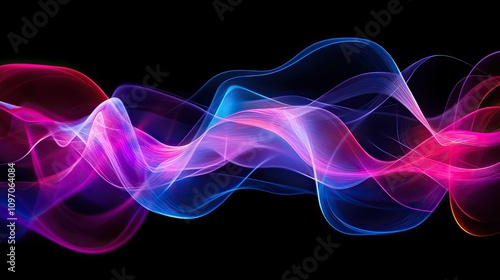 Abstract geometric neon shapes glowing in pink, blue, and purple tones, creating a dynamic visual effect on a black backdrop