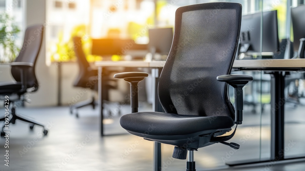 Blurred office background with ergonomic chairs and glass partitions, a bright professional workplace Blurred office background with ergonomic chairs and glass partitions, a bright professional workplace
